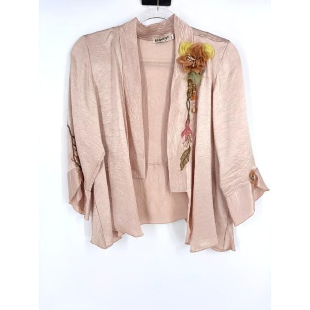 Lee Andersen Cardigan Open Front Satin Floral Embroidered Wearable Art Lagenlook